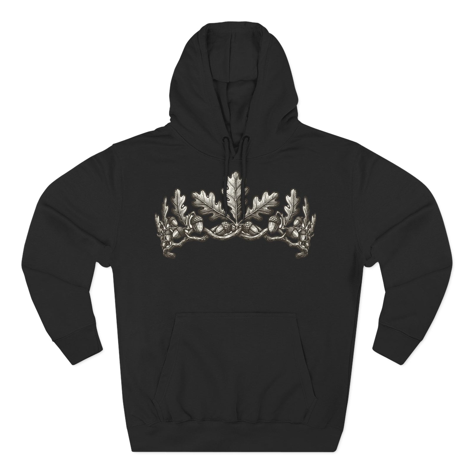 Black hoodie by S&W Gallus featuring a silver oak leaf crown design on the front.