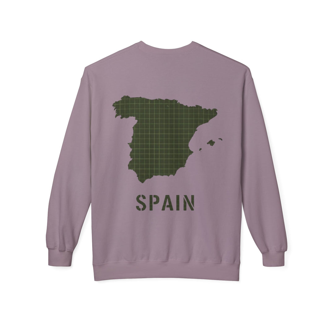 Spain Map Crewneck Sweatshirt — Military Green Grid Spain Graphic