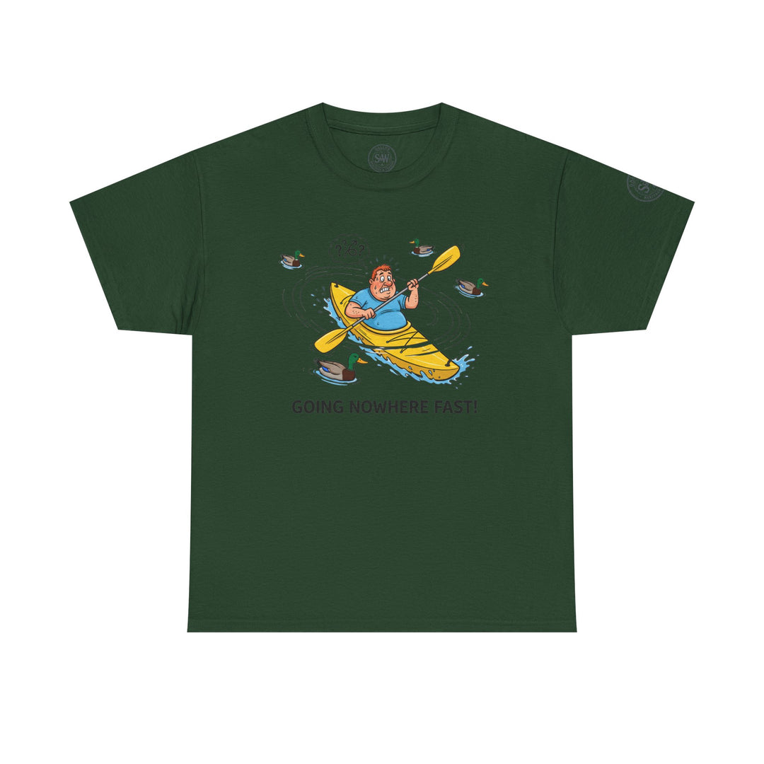 Green t-shirt by S&amp;W Gallus featuring a cartoon graphic of a man paddling a kayak with ducks in the water.