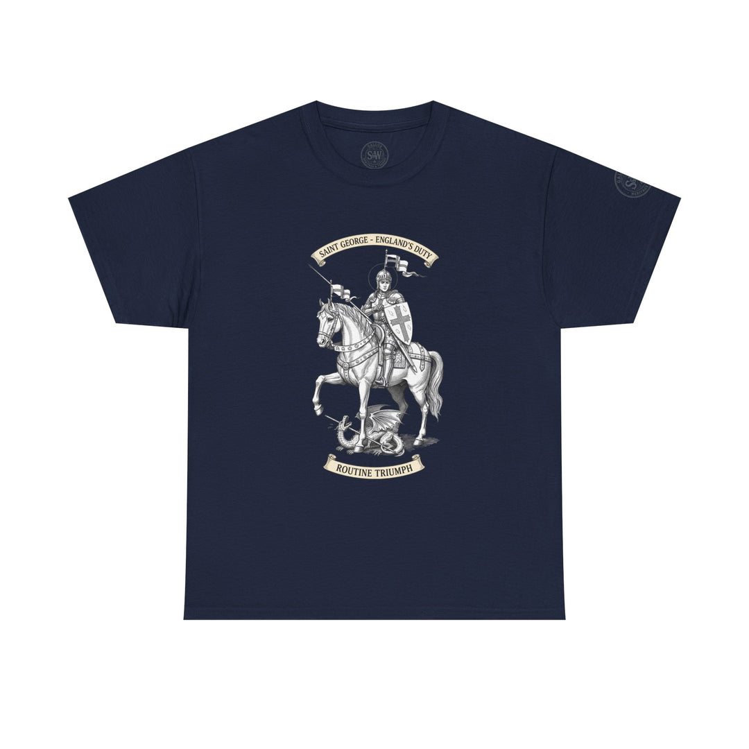 Navy blue t-shirt by S&amp;W Gallus, featuring a Saint George and the dragon graphic with decorative text banners.
