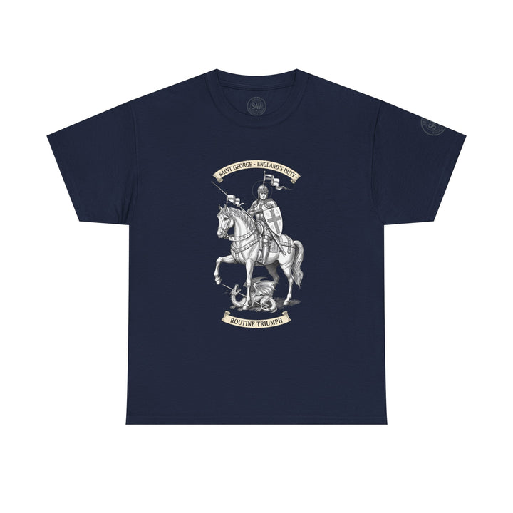Navy blue t-shirt by S&amp;W Gallus, featuring a Saint George and the dragon graphic with decorative text banners.
