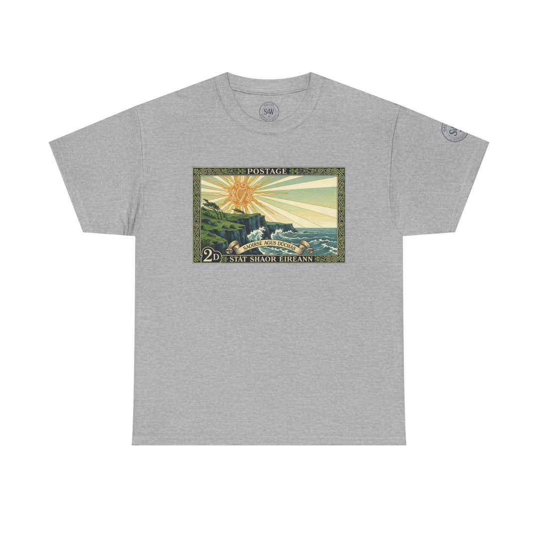 Gray T-shirt by S&amp;W Gallus, featuring a vintage-style Irish postage stamp graphic on the front.
