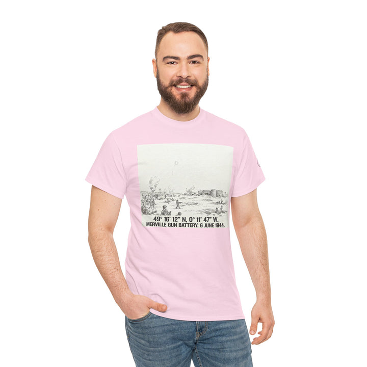 Pink graphic T-shirt by Veteran owned, featuring a historical sketch print and location coordinates, styled with jeans.