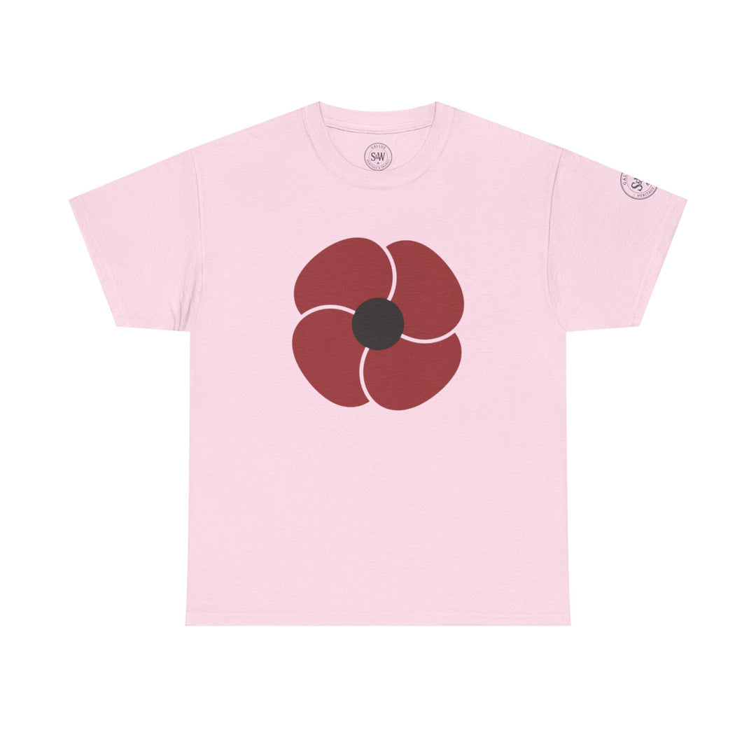 Pink t-shirt by S&amp;W Gallus with a red poppy flower printed on the chest.