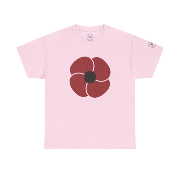 Pink t-shirt by S&amp;W Gallus with a red poppy flower printed on the chest.