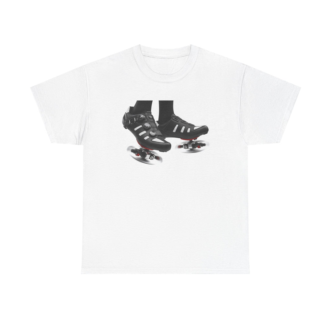 Spin Shoes Tee – soft, breathable cotton featuring a cycling shoes graphic. Perfect for spin classes, indoor workouts, and casual activewear.