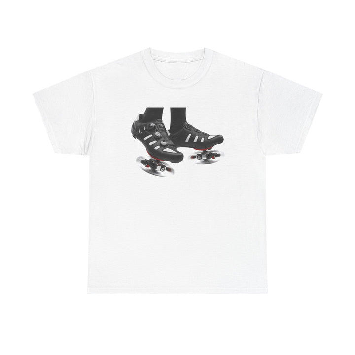 Spin Shoes Tee – soft, breathable cotton featuring a cycling shoes graphic. Perfect for spin classes, indoor workouts, and casual activewear.