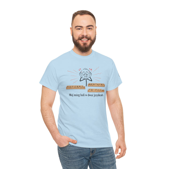 Light blue graphic t-shirt by S&amp;W Gallus with a humorous Polish language design, worn with jeans.