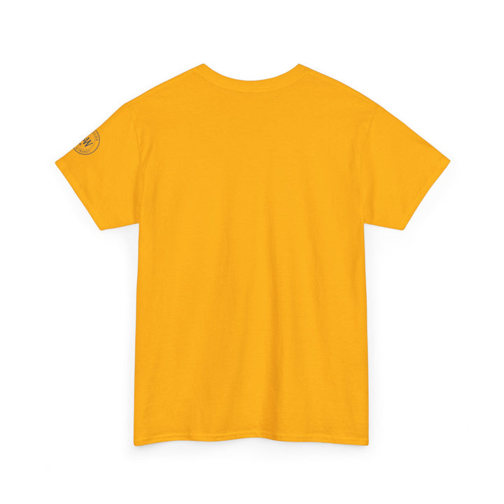 Gold t-shirt by S&amp;W Gallus, featuring a logo graphic on the left sleeve.