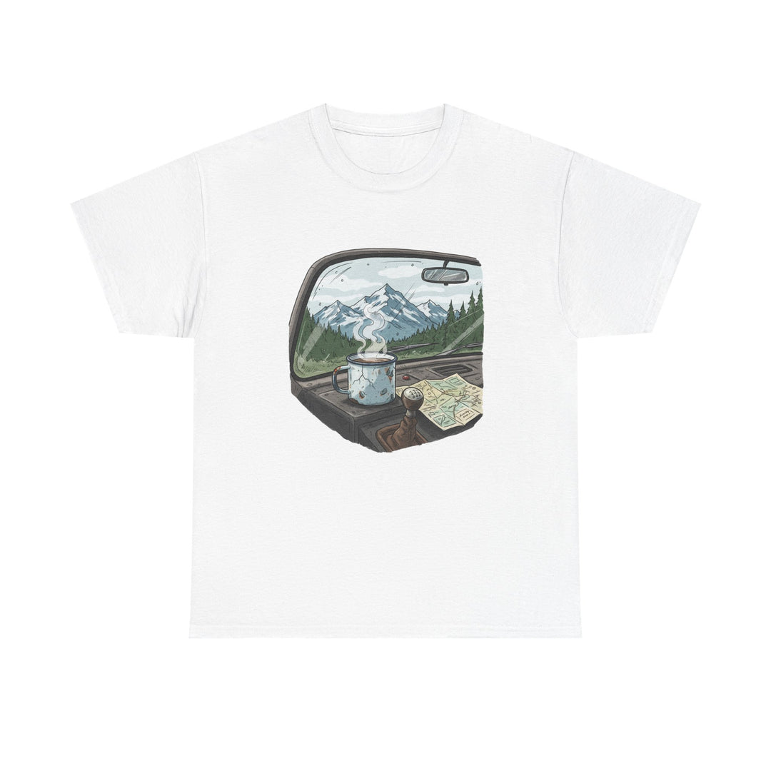 Van Roadtrip View T-Shirt featuring a scenic travel-inspired design. Soft cotton comfort perfect for van life, road trips, and outdoor adventures.