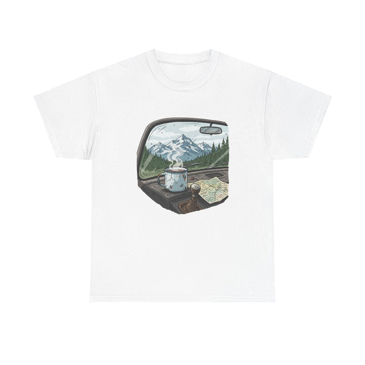 Van Roadtrip View T-Shirt featuring a scenic travel-inspired design. Soft cotton comfort perfect for van life, road trips, and outdoor adventures.
