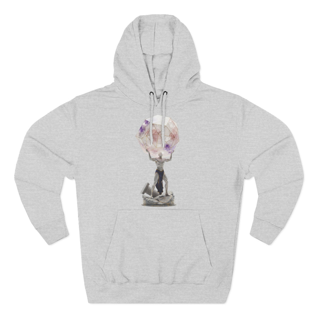 Gray hoodie by S&amp;W Gallus featuring a graphic of Atlas holding a geometric crystal.