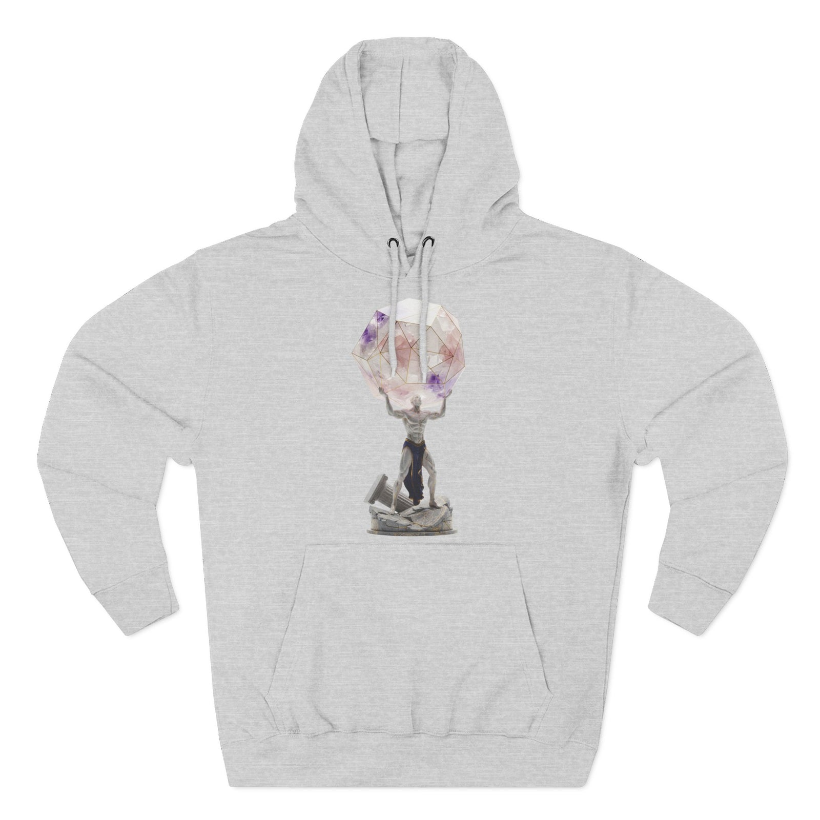 Gray hoodie by S&W Gallus featuring a graphic of Atlas holding a geometric crystal.
