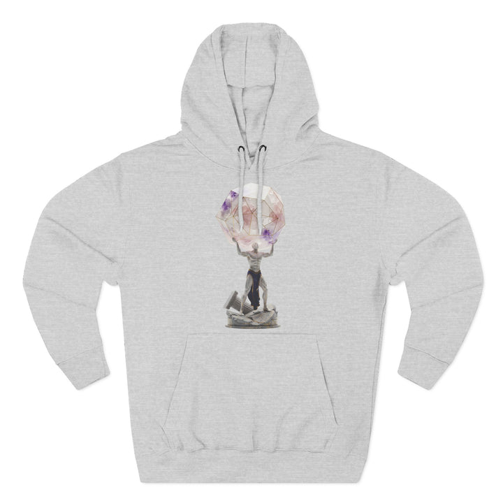 Gray hoodie by S&amp;W Gallus featuring a graphic of Atlas holding a geometric crystal.