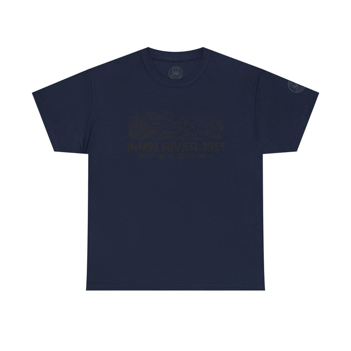 Navy t-shirt by S&amp;W Gallus, featuring a faded graphic print and a round neckline.