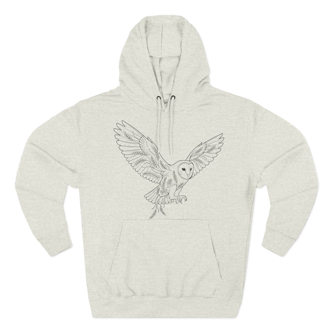 Light gray hoodie with barn owl illustration by S&amp;W Gallus, featuring wheat and floral details.