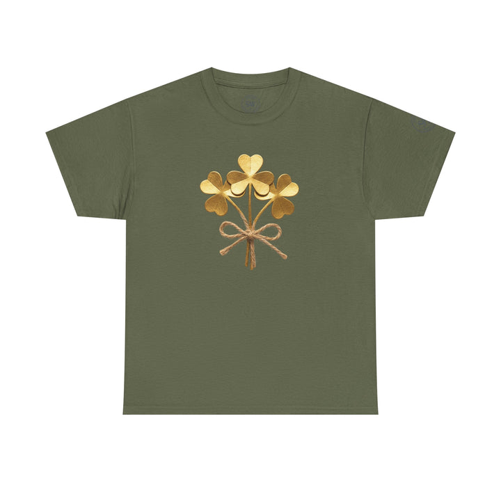 Olive green t-shirt by S&amp;W Gallus featuring a shamrock bouquet graphic with a twine bow.