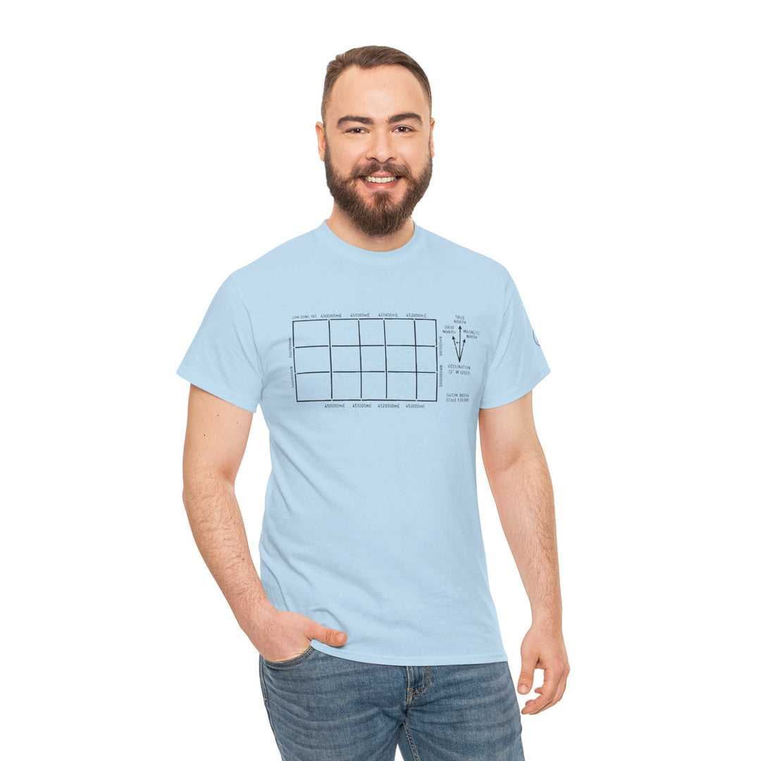 Light blue t-shirt with a blueprint calendar grid design by S&amp;W Gallus, worn with jeans and a smiling model.
