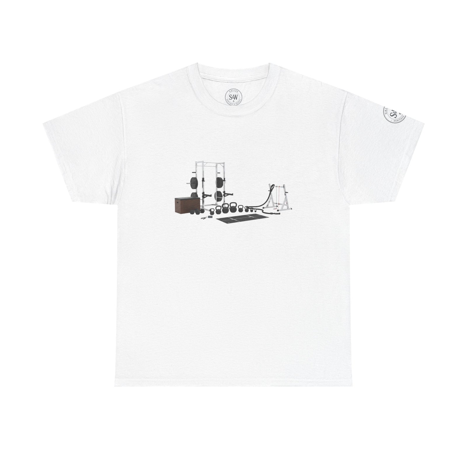 White t-shirt by S&W Gallus with a gym equipment graphic on the chest.
