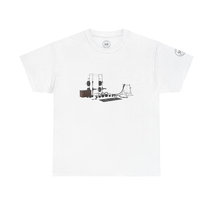 White t-shirt by S&amp;W Gallus with a gym equipment graphic on the chest.