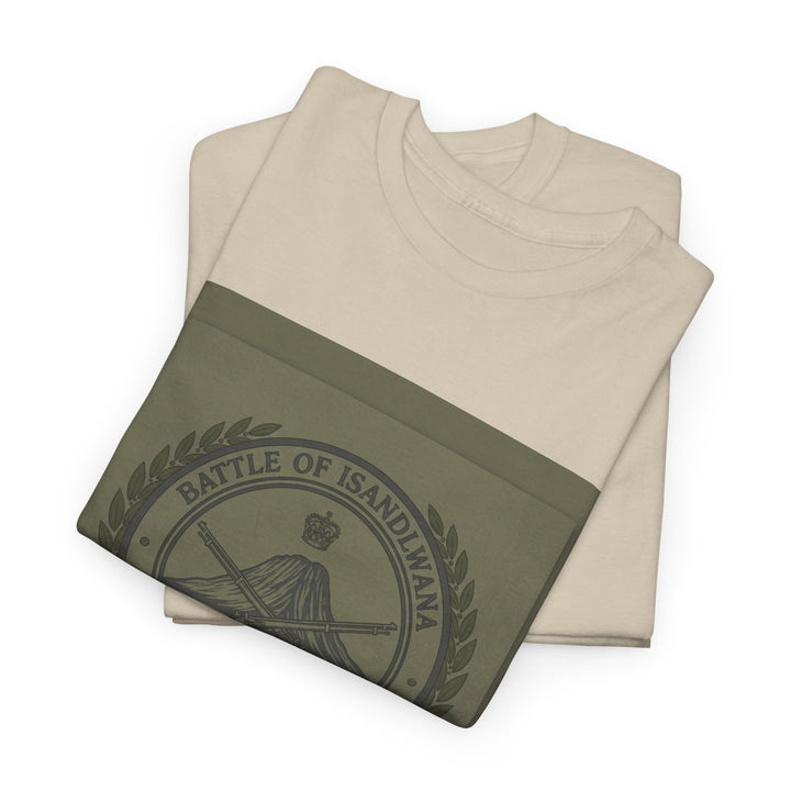Isandlwana vintage military emblem crewneck T-shirt. Heritage graphic design inspired by historic battlefield legacy.