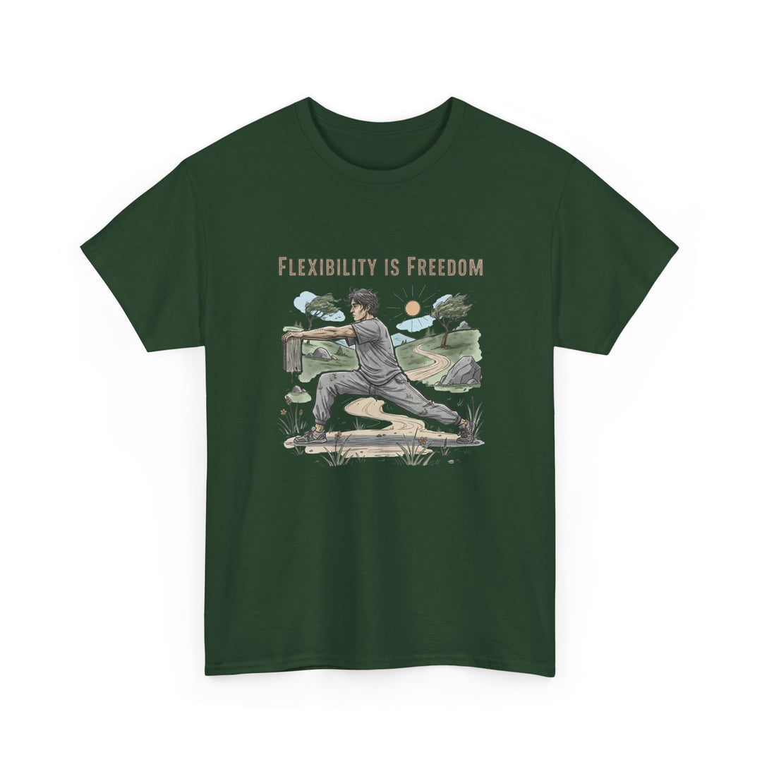 Flexibility Is Freedom Tee – soft, breathable cotton featuring a motivational design. Perfect for yoga, Pilates, stretching, or casual active lifestyle wear.