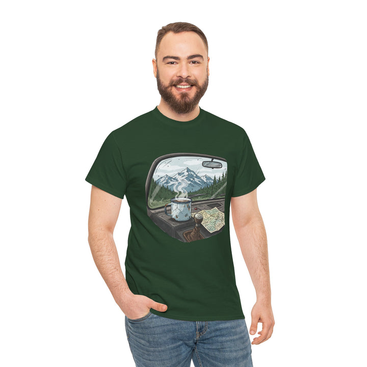 Van Roadtrip View T-Shirt featuring a scenic travel-inspired design. Soft cotton comfort perfect for van life, road trips, and outdoor adventures.