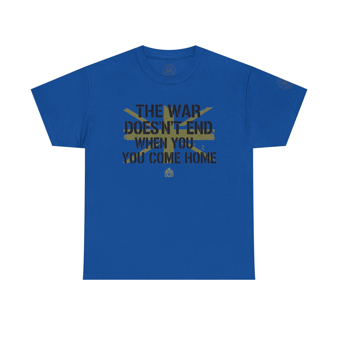 Blue t-shirt by S&amp;W Gallus with a slogan in yellow and a distressed, vintage texture.