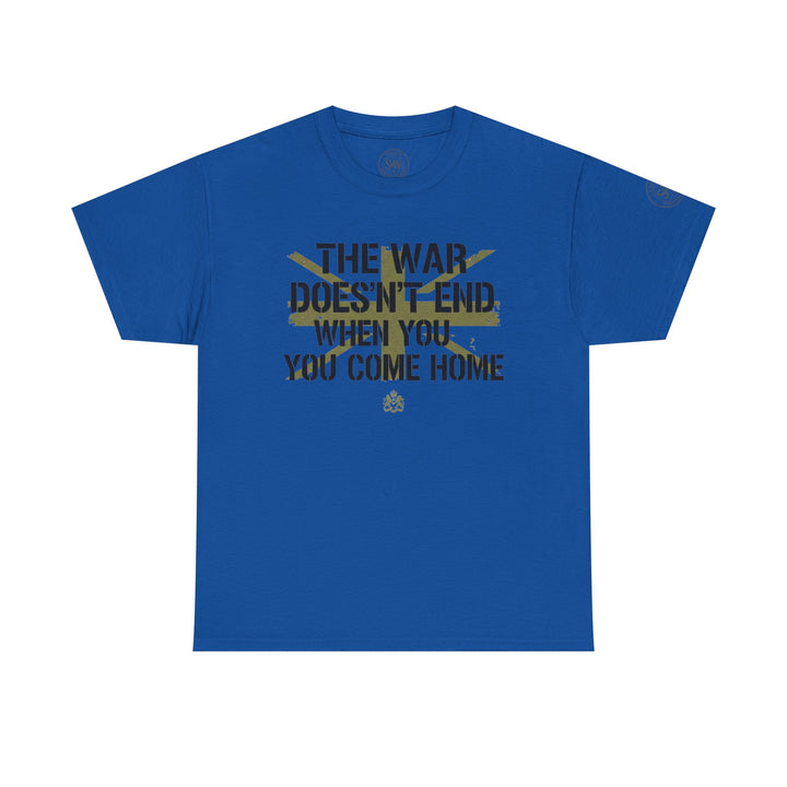 Blue t-shirt by S&amp;W Gallus with a slogan in yellow and a distressed, vintage texture.
