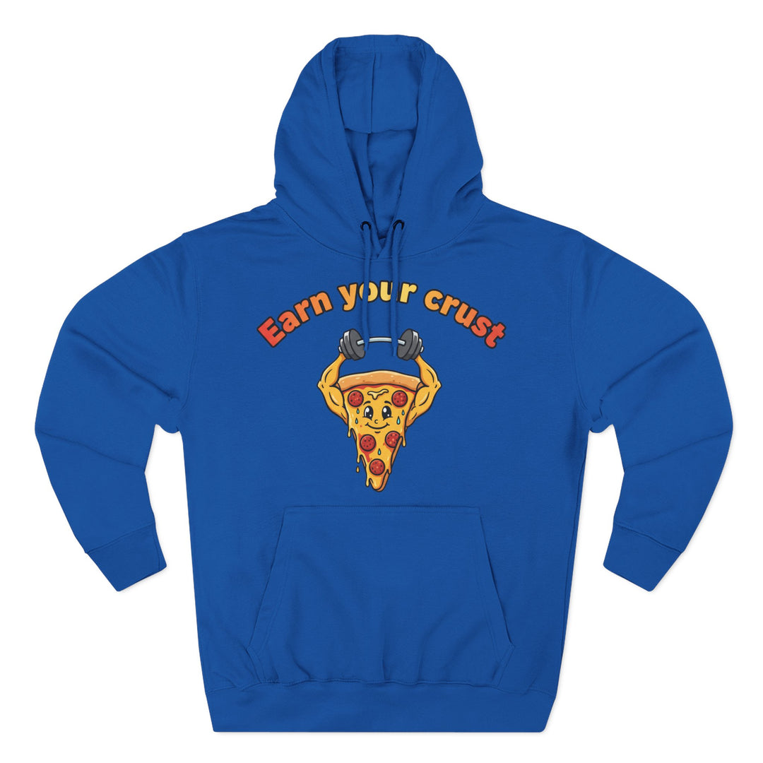 Blue hoodie by S&amp;W Gallus featuring a pizza slice weightlifting graphic and "Earn your crust" text.