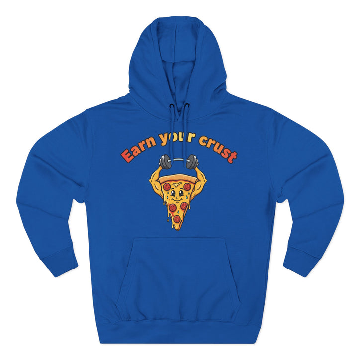 Blue hoodie by S&amp;W Gallus featuring a pizza slice weightlifting graphic and "Earn your crust" text.