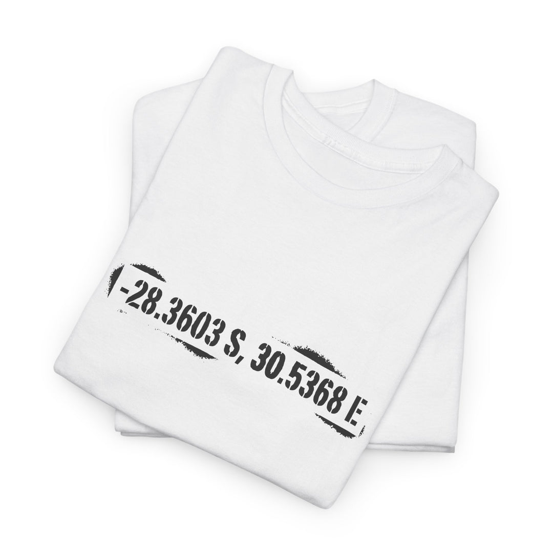 Rorke’s Drift T-Shirt featuring historic battle coordinates. Honor the 1879 Anglo-Zulu War with precise latitude &amp; longitude design.