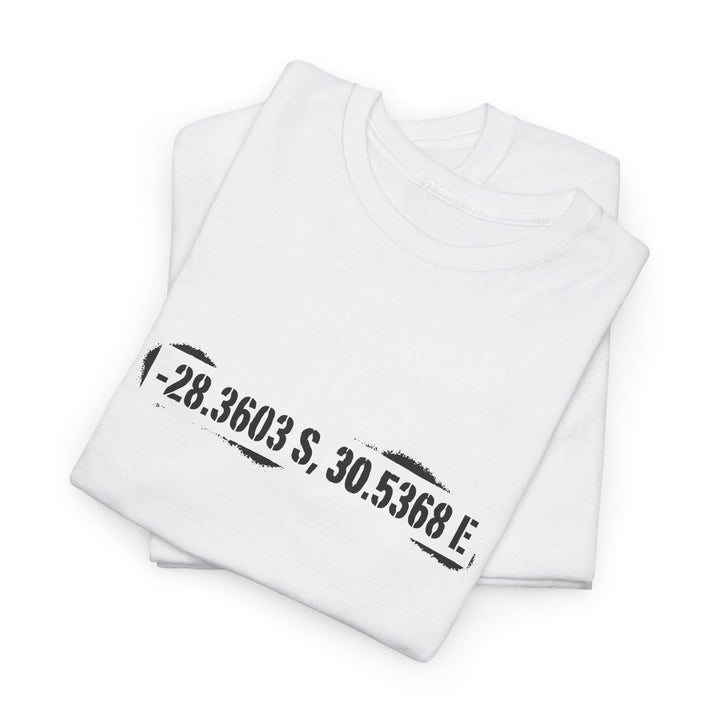 Rorke’s Drift T-Shirt featuring historic battle coordinates. Honor the 1879 Anglo-Zulu War with precise latitude &amp; longitude design.