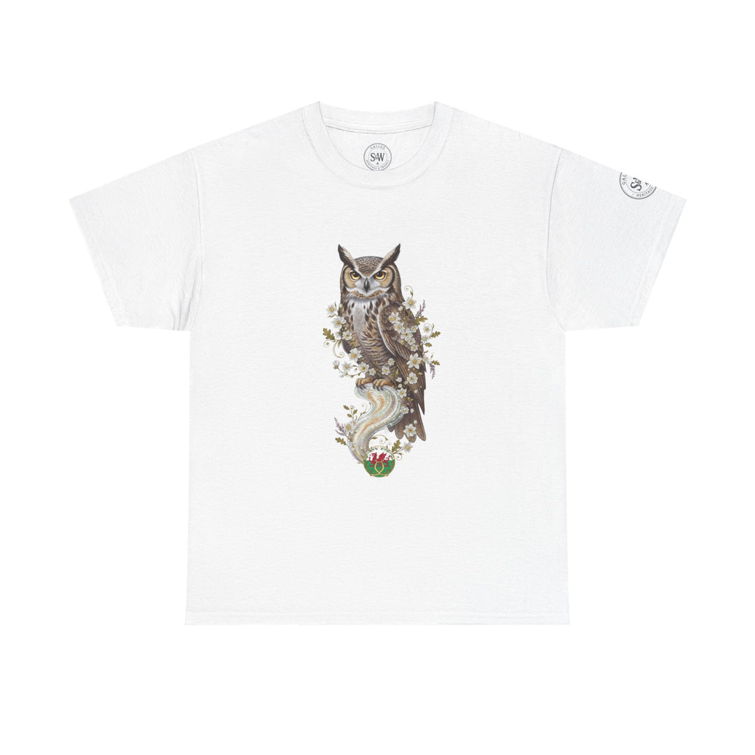 White graphic tee by S&amp;W Gallus featuring an owl and floral design on the front.