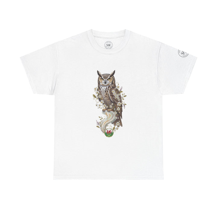 White graphic tee by S&amp;W Gallus featuring an owl and floral design on the front.
