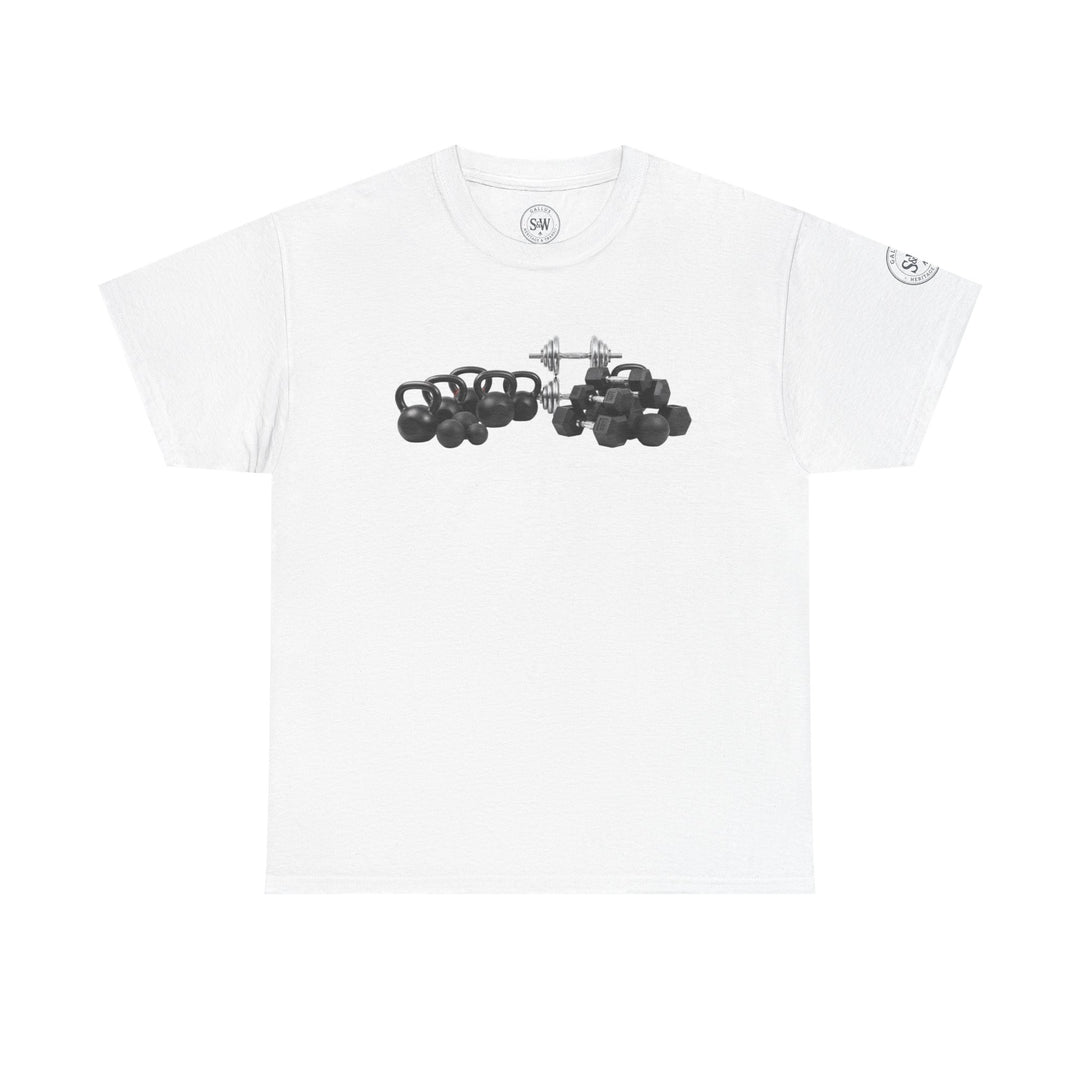 White t-shirt by S&amp;W Gallus with a graphic print of kettlebells and barbells in the center.