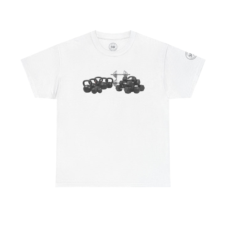 White t-shirt by S&amp;W Gallus with a graphic print of kettlebells and barbells in the center.