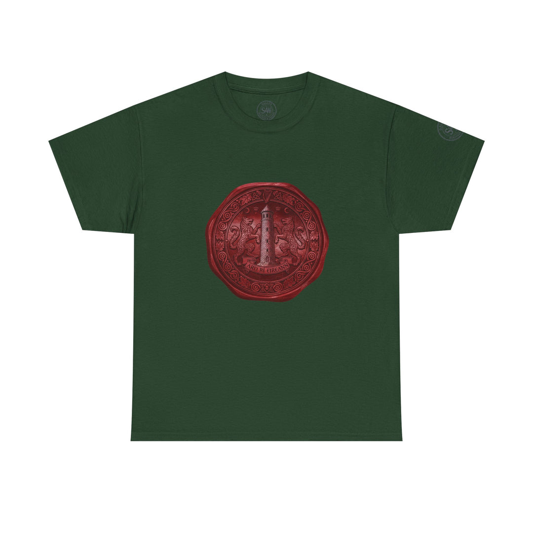 Forest green t-shirt by S&amp;W Gallus, featuring a vintage wax seal design with a lighthouse and heraldic lions.