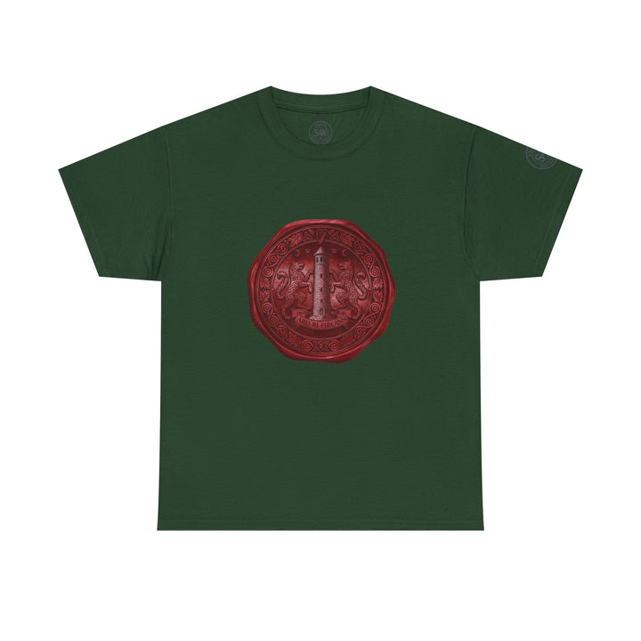 Forest green t-shirt by S&amp;W Gallus, featuring a vintage wax seal design with a lighthouse and heraldic lions.