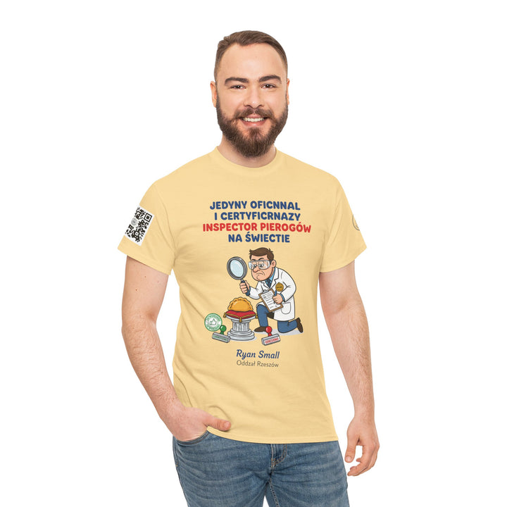 Yellow graphic T-shirt by S&amp;W Gallus, featuring a cartoon inspector and pierogi design with Polish text, worn with jeans.