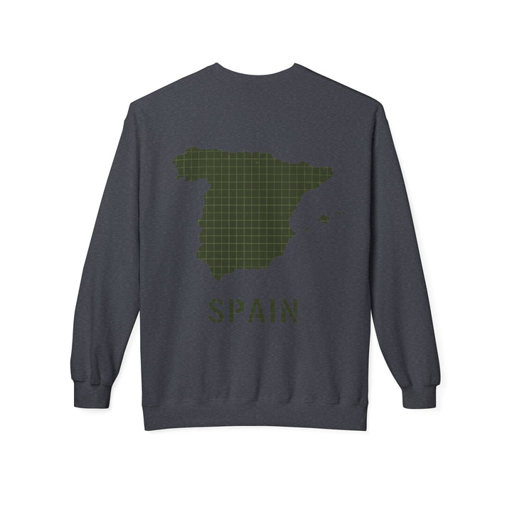 Spain Map Crewneck Sweatshirt — Military Green Grid Spain Graphic
