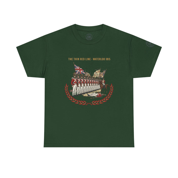 Forest green t-shirt by S&amp;W Gallus, featuring a "Thin Red Line - Waterloo 1815" graphic print in the center.