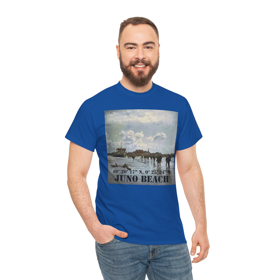 Blue Juno Beach WWII Coordinates T-Shirt from Veteran Owned, featuring a historical print, paired with jeans.