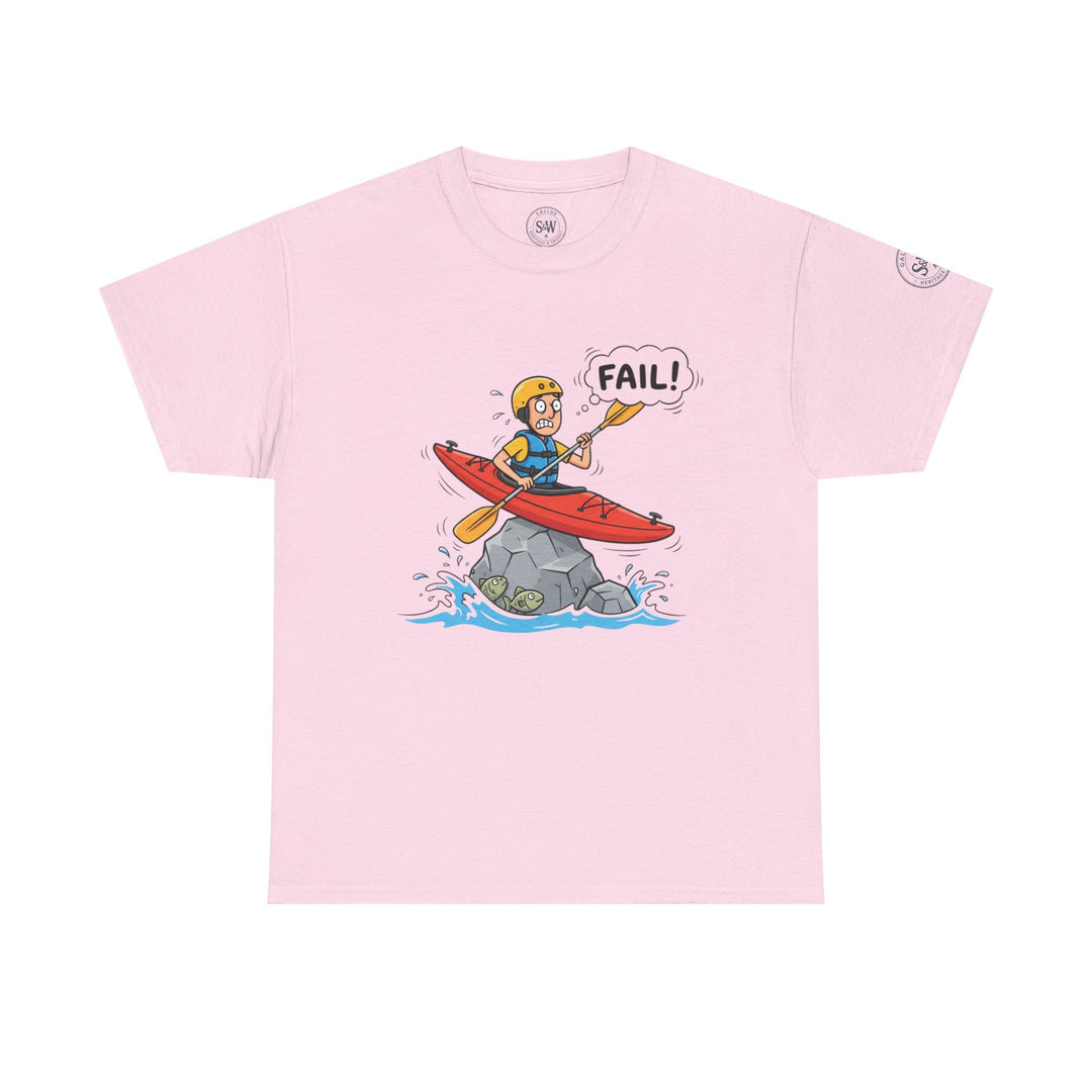 Pink t-shirt by S&amp;W Gallus, featuring a cartoon drawing of a kayaker stuck on a rock.
