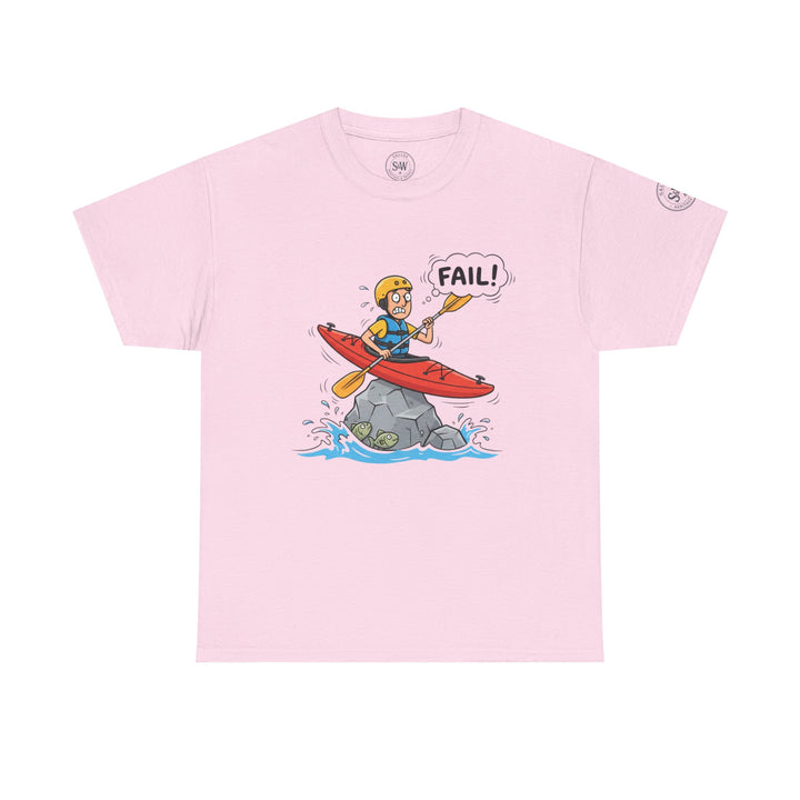 Pink t-shirt by S&amp;W Gallus, featuring a cartoon drawing of a kayaker stuck on a rock.