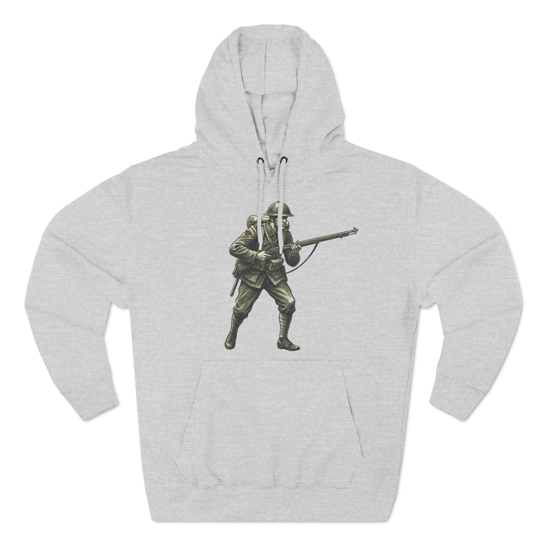 Gray heritage soldier hoodie by S&amp;W Gallus, featuring a vintage drawing of a World War One infantryman.