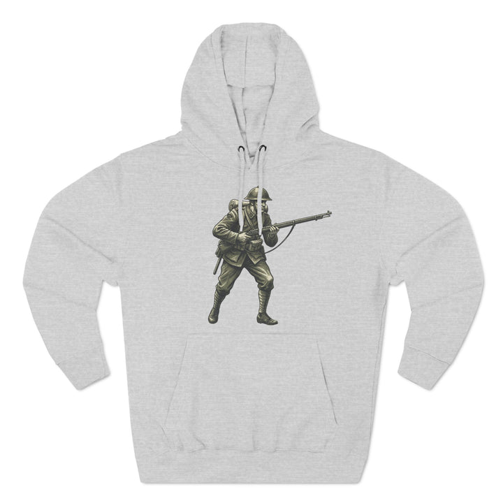 Gray heritage soldier hoodie by S&amp;W Gallus, featuring a vintage drawing of a World War One infantryman.