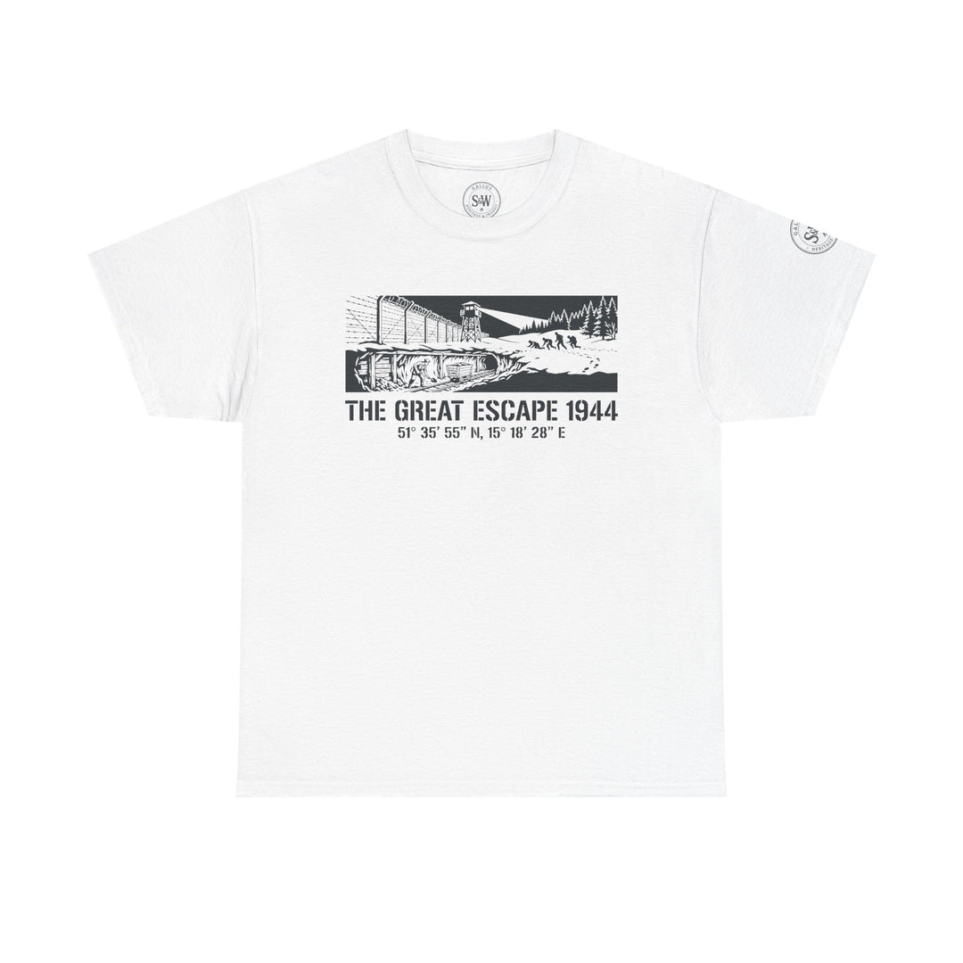 White T-shirt with "The Great Escape 1944" design by S&amp;W Gallus featuring barbed wire and escape tunnel image.