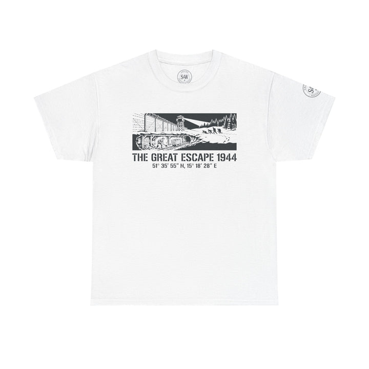 White T-shirt with "The Great Escape 1944" design by S&amp;W Gallus featuring barbed wire and escape tunnel image.