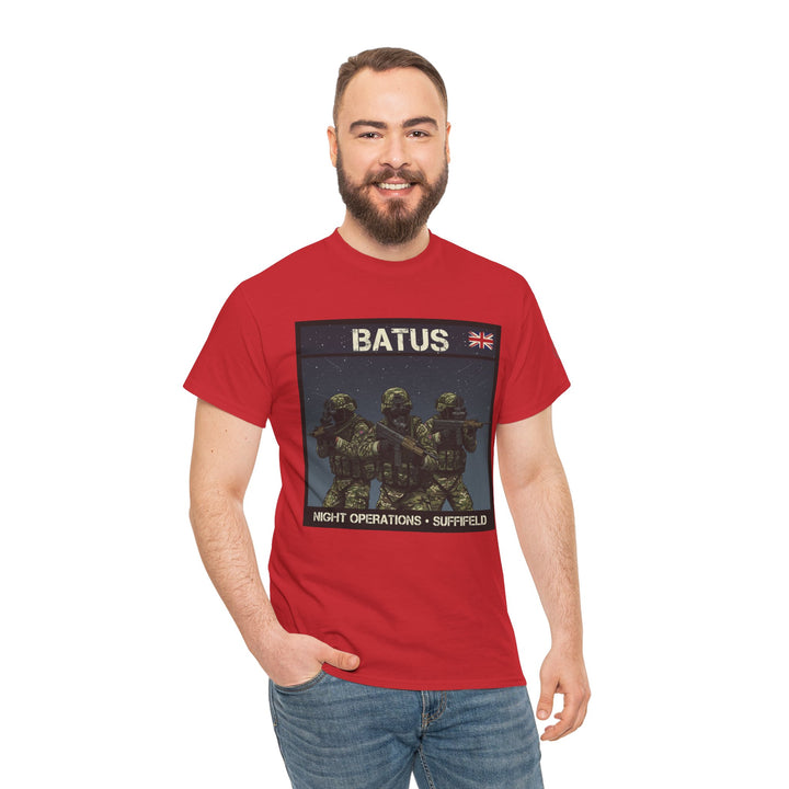 Red graphic tee shirt by S&amp;W Gallus with military theme graphic on the front, shown on model with jeans.